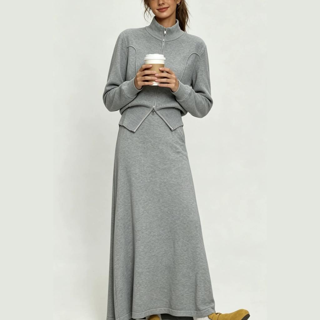 European and American cross-border new double zipper stand-up neck cardigan jacket + knitted skirt two-piece women's casual knitted suit