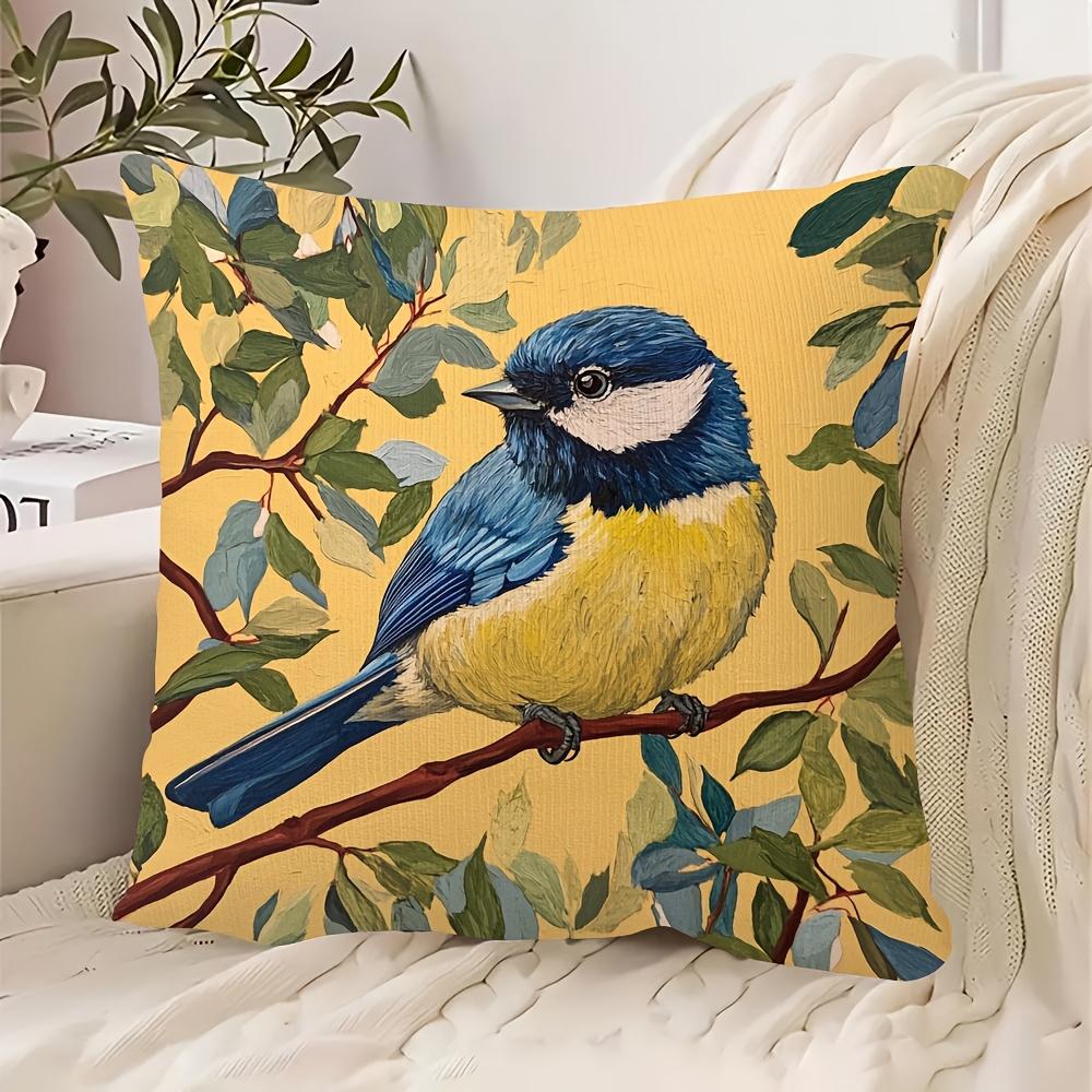1pc Blue Mountain Sparrow And Leaf Pattern Pillowcase - Made from Soft And Smooth Polyester Short Plush Fabric, Featuring a Single-Sided Print, Measur