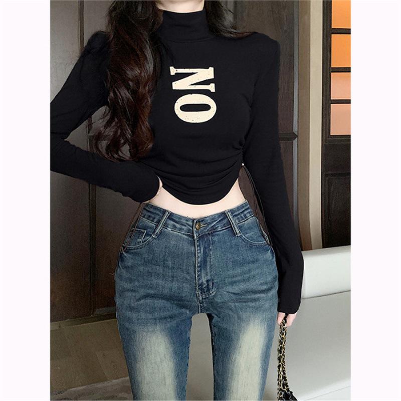 

Women s Slim Fit High Neck Letter Print Long Sleeve Top - New for Autumn/Winter 2023, Chic & Beautiful Undershirt S