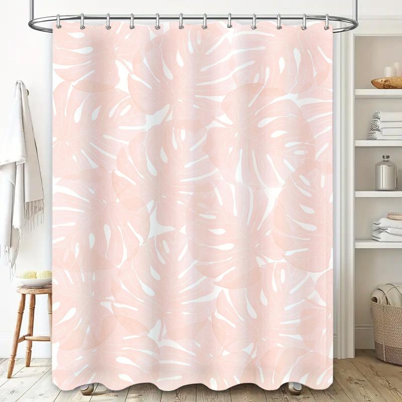 Pink White Monstera Leaf Shower Curtain For Bathroom Decor Modern Floral Pattern Waterproof Fabric Customizable Size (240X180Cm)