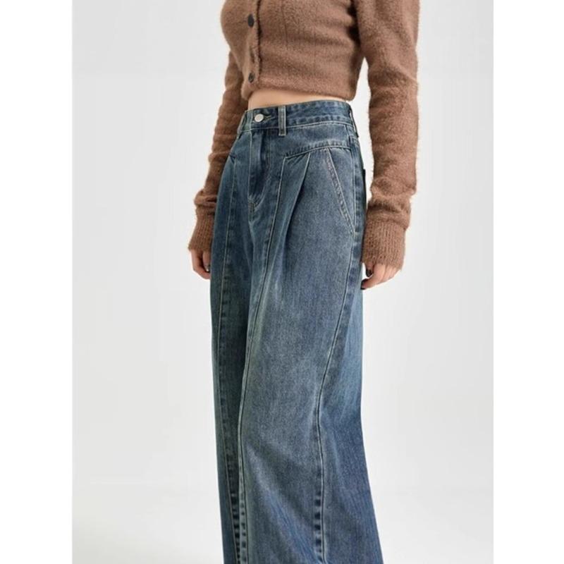 Retro Amerykańskie Wąskie Jeansy Banana Sickle Damskie Spodnie Szerokie Nogawki Wiosna i Jesień Wysoki Stan Proste Luźne Spodnie do Zamiatania