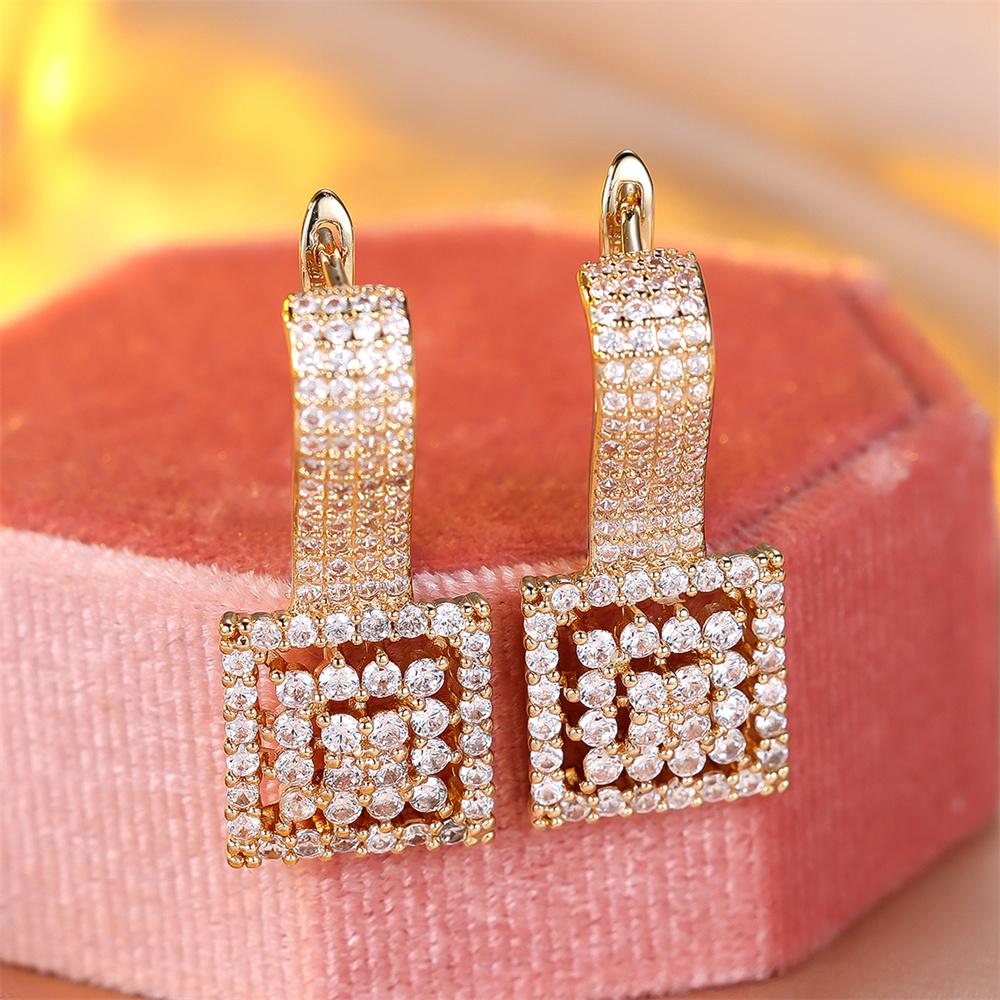 Hollow Crystal White Zircon Full Stone Hoop Earrings For Women Vintage Gold Color  Ear Buckle Wedding Jewelry Party Gifts