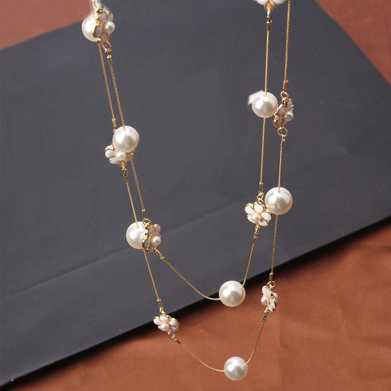 High Quality Women Layered Pearl Sweater Chain Necklace Collares De Moda Multi-layer Camellia Flower Long Necklace Party Jewelry