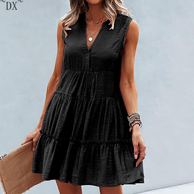 DX~~2023 Summer Europe and America V-neck Sexy Solid Color Dress Irregular Splice Sleeveless Commuter Big Swing Dress Women