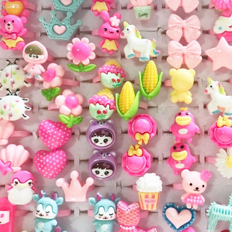 10pcs/Lot Cute Children's Cartoon Rings Glitter Flower Fruit Shape Plastic Adjustable Ope Excluding boxes
