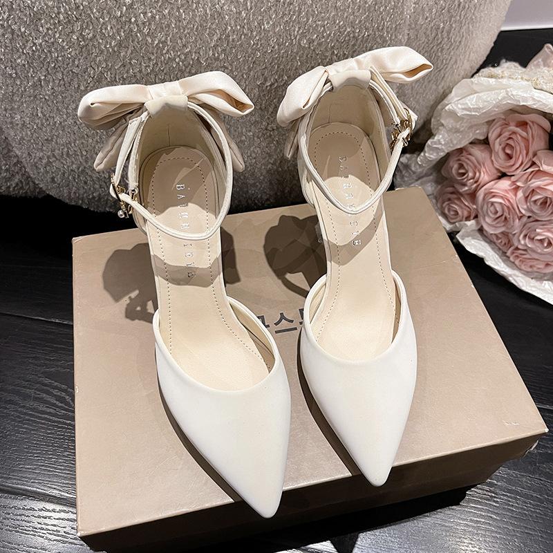 High heels women's spring new bow thin heel cut men's one-word buckle single shoes fairy style French pointed head