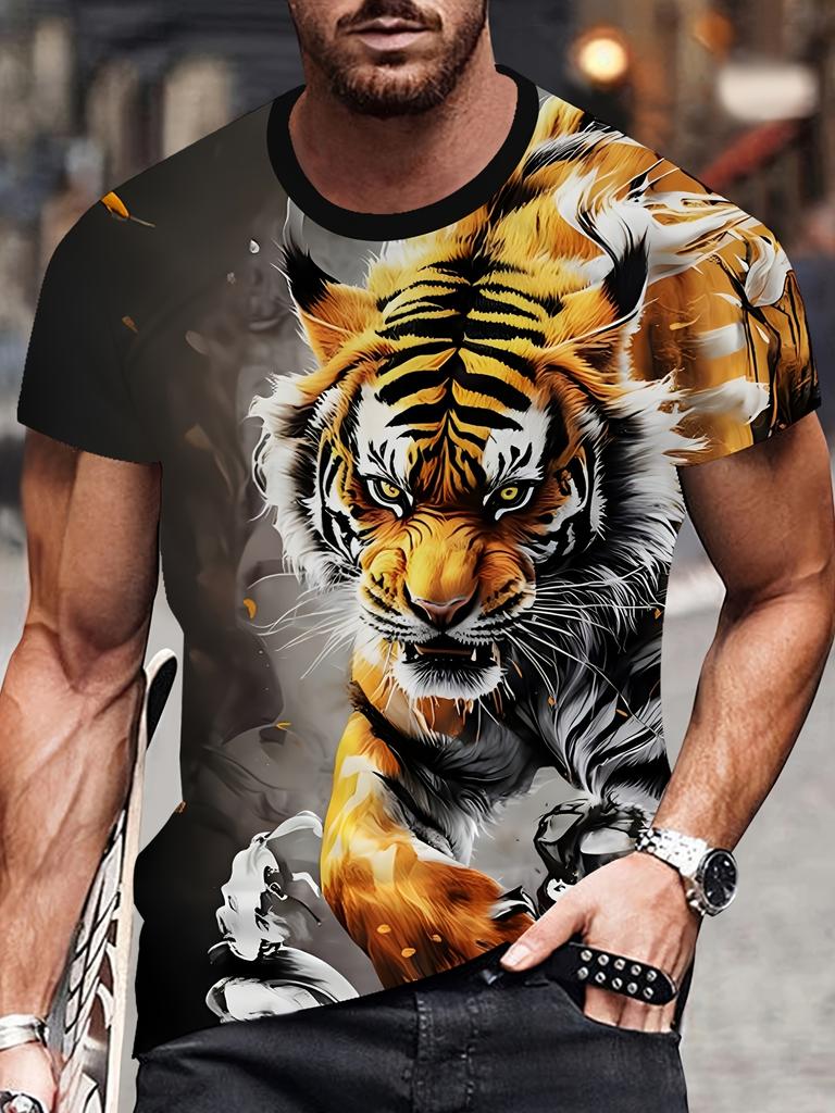 Herren 3D Tiger bedrucktes Kurzarm Rundhals T-Shirt Atmungsaktiv Stretch Lässig Mode T-Shirt Outdoor Party Wochenendbekleidung Tops