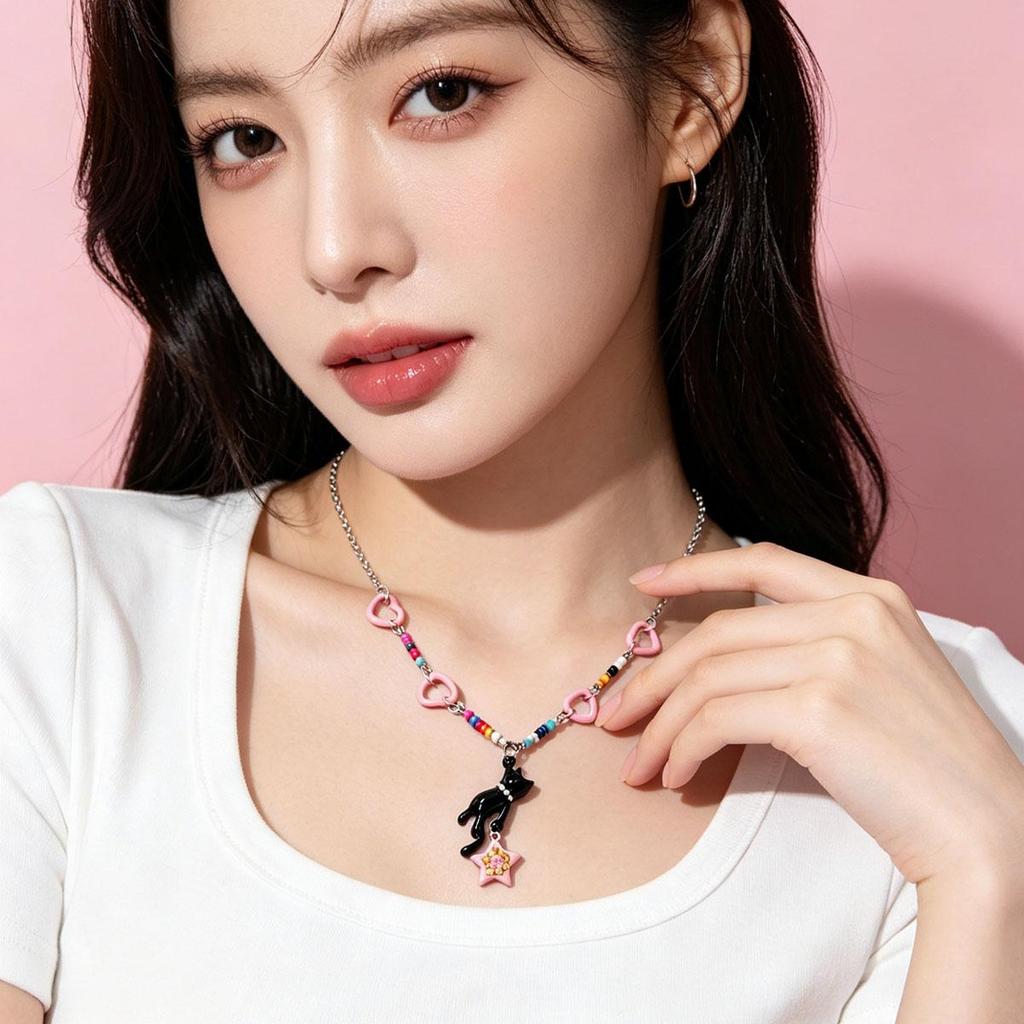 Cat Stealing Stars Pink Star Beaded Fashion Necklace Women Summer Dopamine Y2K Hot Girl Style Collarbone Chain Neck Chain