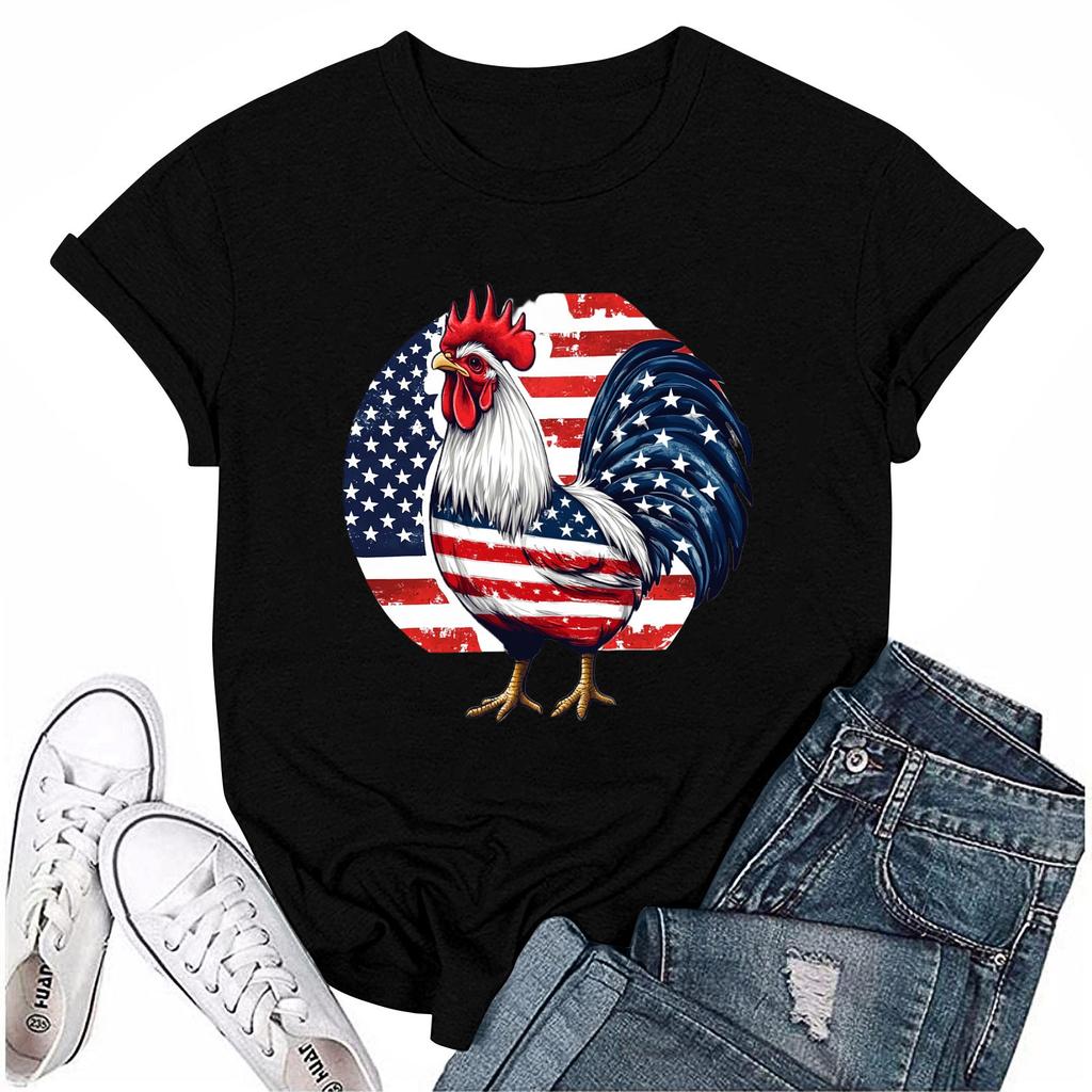 חולצת טי שירט קז'ואל לנשים עם צווארון עגול ושרוולים קצרים מודפסת ליום העצמאות