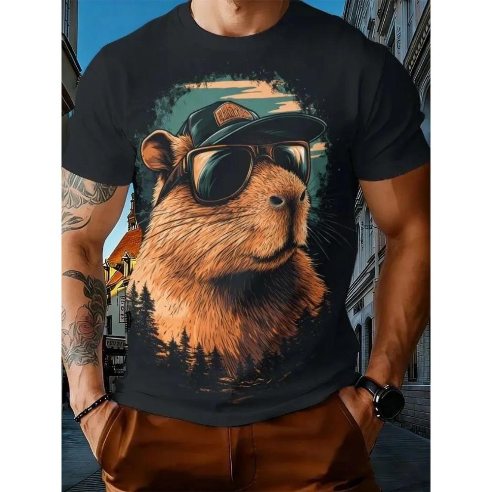 Men's Fun Animal Pig Print Short Sleeved T-shirt Creative Personality Large Loose Sports Casual Fashionable Comfortable Soft Breathable T-shirt