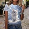 T-shirt da Donna alla Moda Bella Stampa Gatto Farfalla Rosa Divertente Casual Girocollo Maniche Corte T-shirt Estiva da Donna