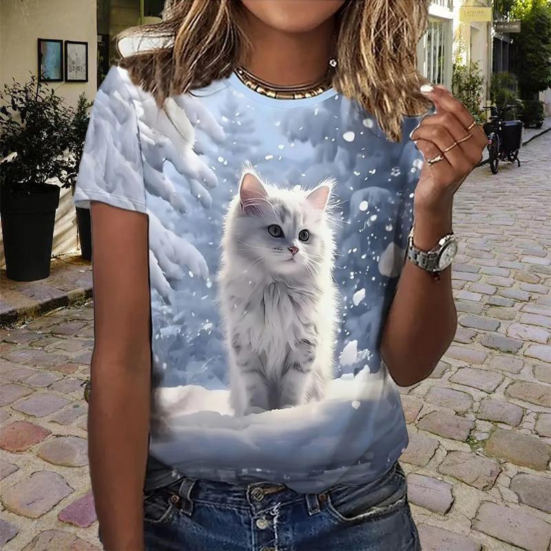 T-shirt da Donna alla Moda Bella Stampa Gatto Farfalla Rosa Divertente Casual Girocollo Maniche Corte T-shirt Estiva da Donna