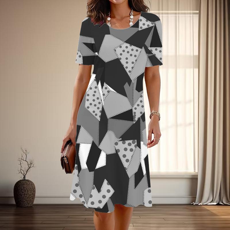 

Женская мода изящные геометрические узоры принт лето весна короткий рукав О-образный вырез повседневные платья 8XL