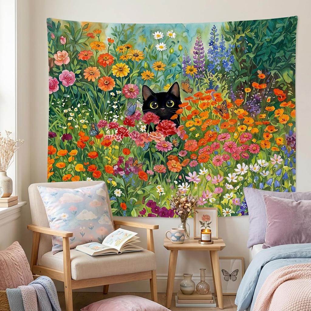 Black Cat Flower Garden Tapestries Watercolor Floral Art Tapestries Butterflies Nature Wall Tapestry Bedroom Dormitory Living