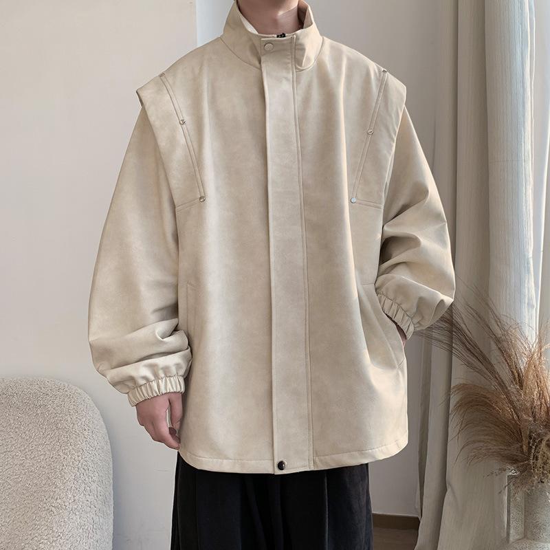 

Куртка из нубука в стиле ретро, весна-осень, новая мужская кожаная куртка в корейском стиле со свободным воротником-стойкой, модная повседневная куртка для мужчин L