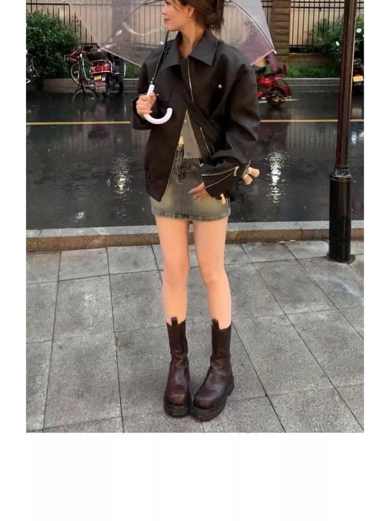 Women's Brown Retro Leather Motorcycle Jacket - New Spring & Autumn Style