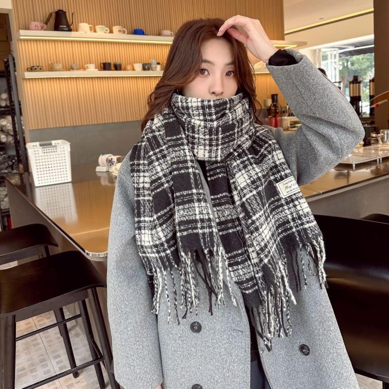 Women's Faux Cashmere Plaid Scarf - Korean Style, Thick & Warm Autumn/Winter Shawl