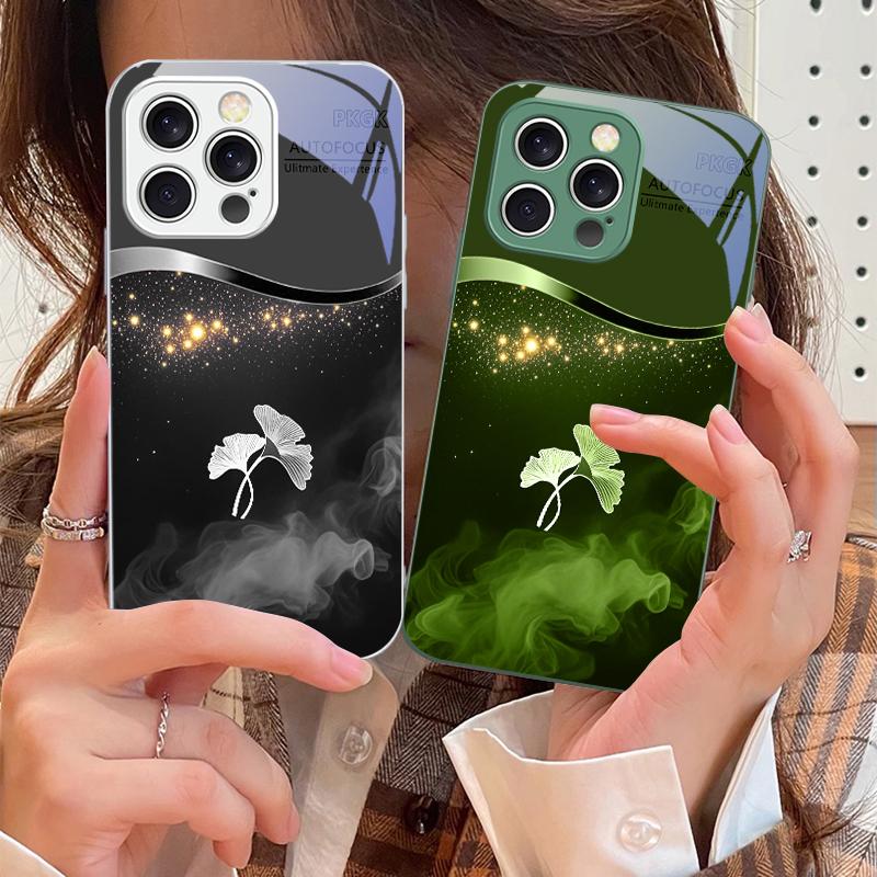 Lila Rauch Ginkgoblätter Für IPhone 16 Pro Max 15 Pro 14 13 12 Mini 11 XS M ax XR 7 8 Plu SE 2022 Gehärtetes Glas Handyhülle