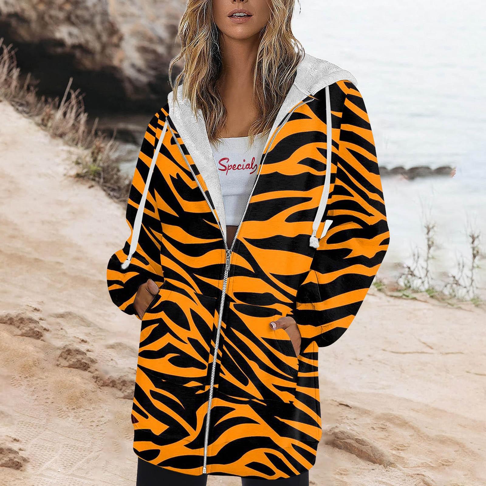 

Женская осенне-зимняя модная толстовка с капюшоном на молнии с длинными рукавами, спортивные повседневные топы в полоску с принтом и карманами XL оранжевый