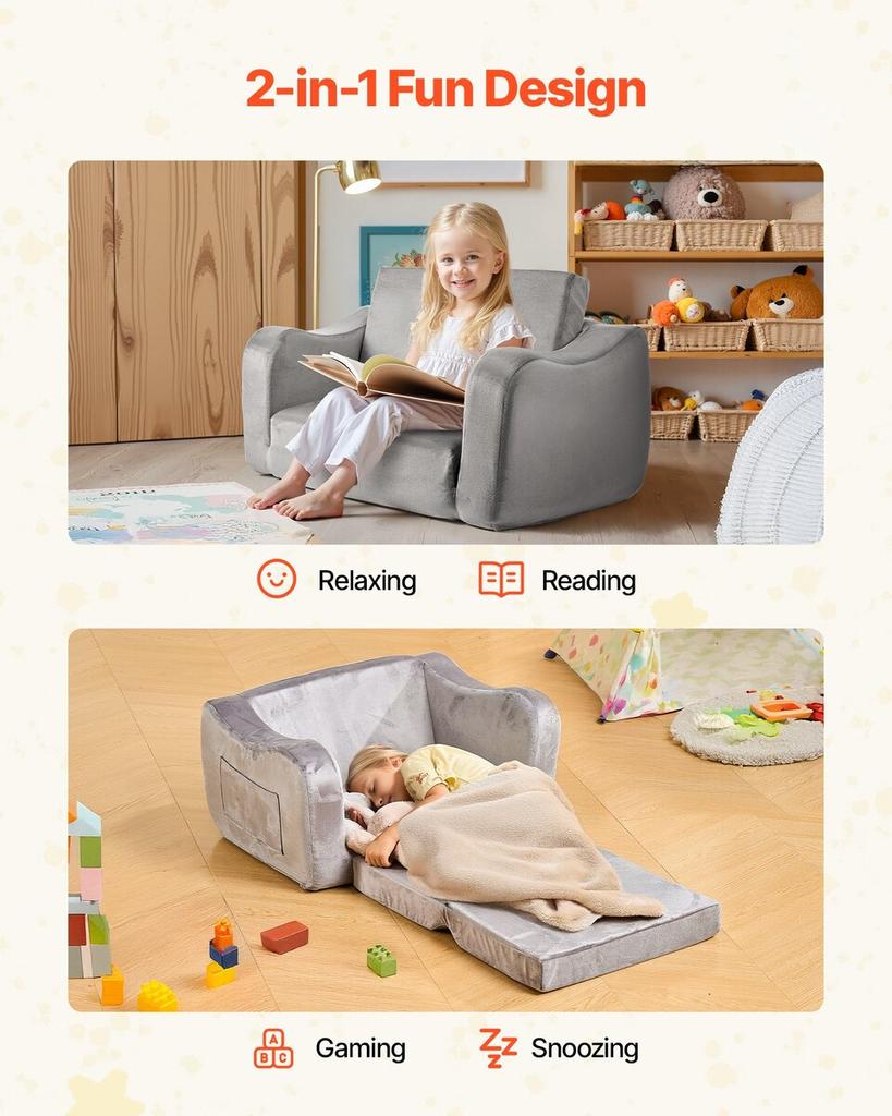 2-in-1 Kids Sofa, Foldable Toddler Soft Couch with Armrests, Made of 28D Sponge & Short Pile, Convertible Toddler Chair To Lounger, Kid Couch Fold Out