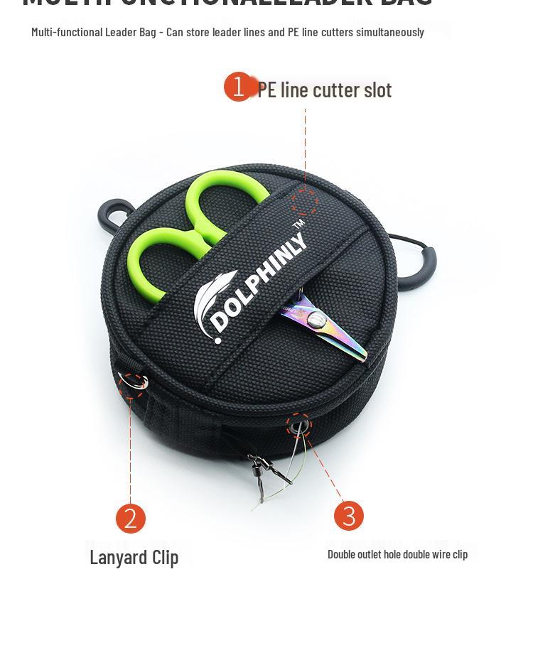 Multifunktionale Köder-Vorfach-Tasche mit Aufbewahrung für PE- und Carbon-Schnur, Schere und Lanyard
