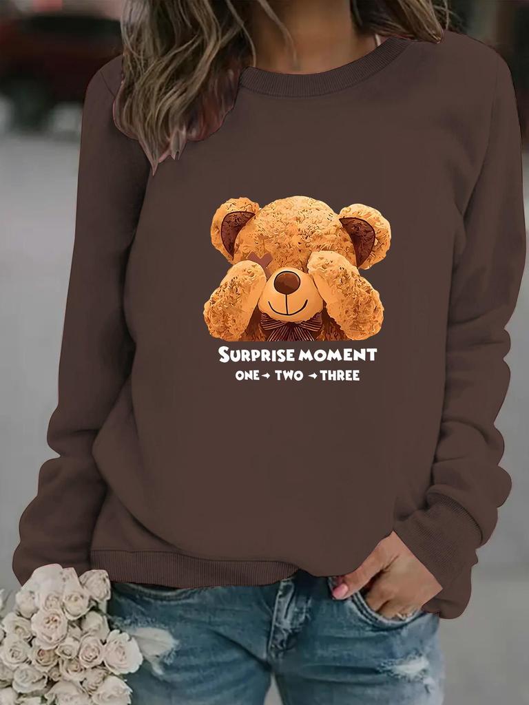 Women's Cartoon Bear Print Long-Sleeve Round Neck Pullover Hoodie - Autumn/Winter Collection
