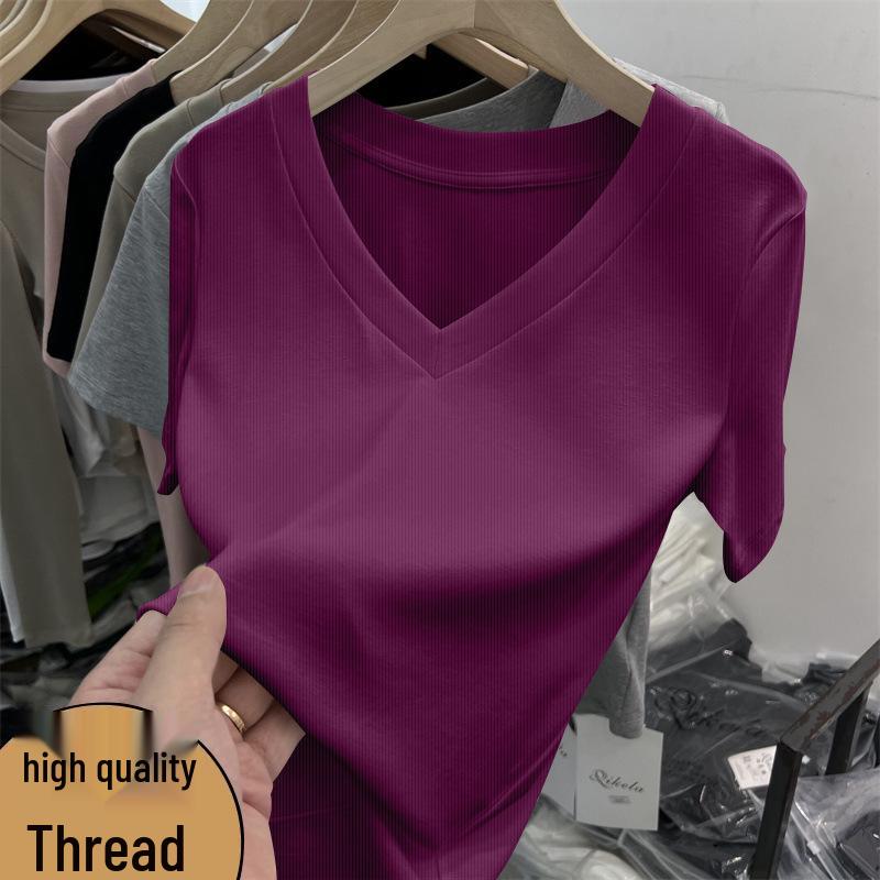 

Women s Slim-Fit Ribbed V-Neck T-Shirt - Summer 2026 Short-Sleeved Plus Size Flattering Design XL (110-125 lbs)