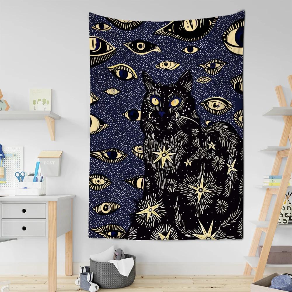 Mystical Cat Tapestry  Enchanting Eyes  Stars Design  Unique Wall Art for Home Decor Bedroom  Occult Lover Gift