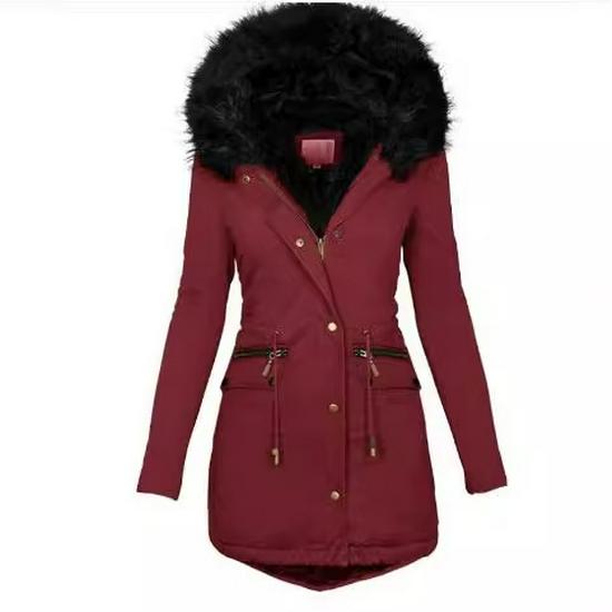 2024 Autumn/Winter Slimming Women's Solid Fur-Collar Hooded Mid-Length Warm Cotton Coat
