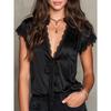 Sommer Unifarben V-Ausschnitt Spitze Patchwork Kurzarm Freizeit T-Shirt Top für Damen, Europäischer Amerikanischer Sexy Stil