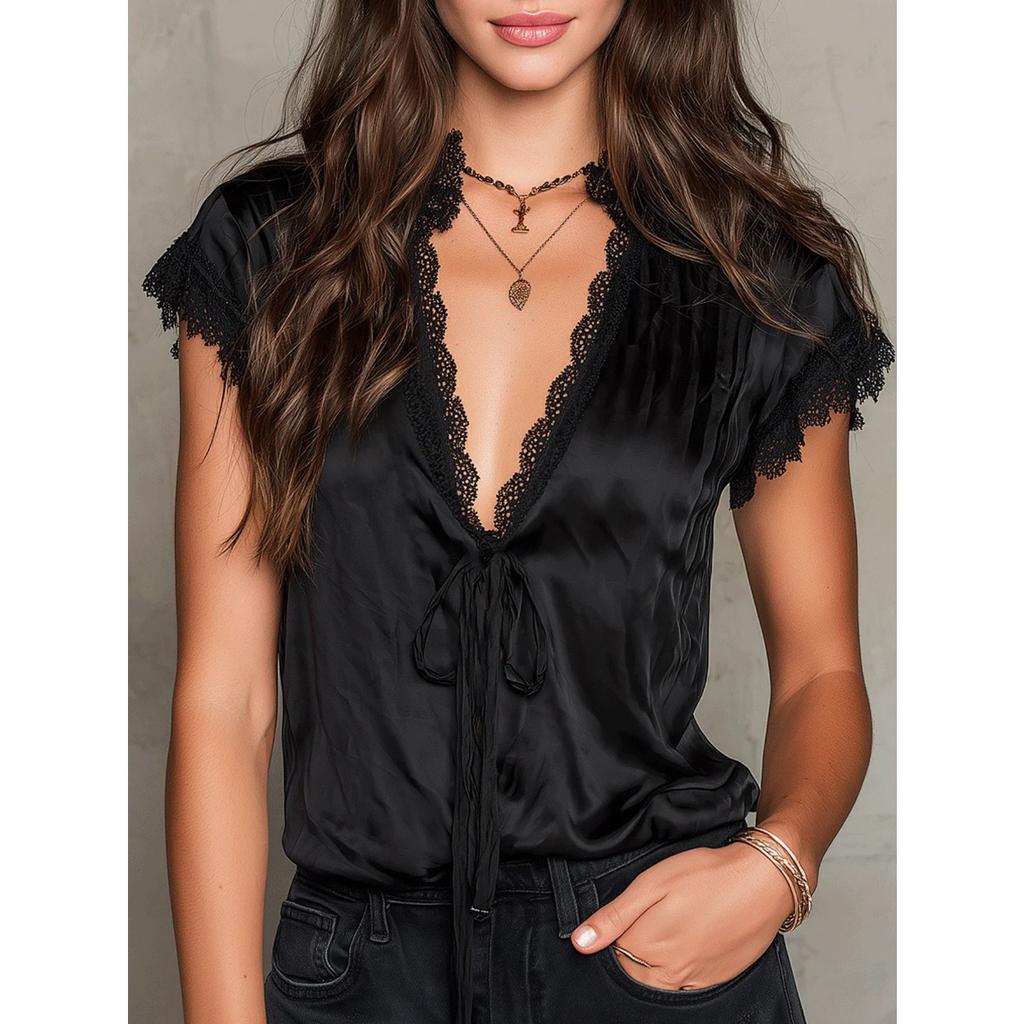 Sommer Unifarben V-Ausschnitt Spitze Patchwork Kurzarm Freizeit T-Shirt Top für Damen, Europäischer Amerikanischer Sexy Stil