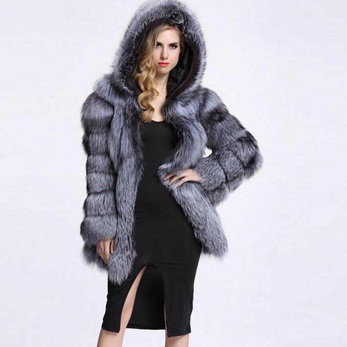 Women's Hooded Faux Fur Coat - Silver Fox Patchwork, High-End Socialite Style, European & American Design.