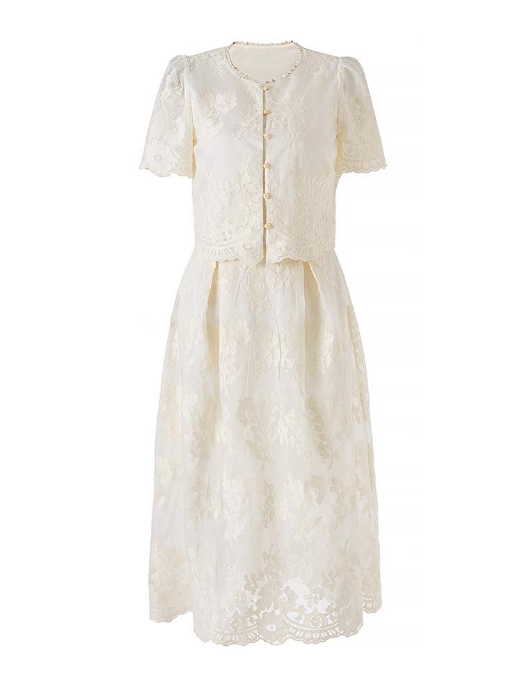 Tencel Cotton Short-Sleeved Embroidery Top + French Romantic Skirt Suit.