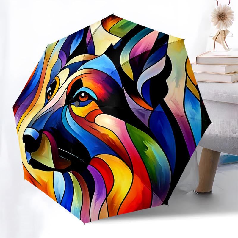 

1pc Colorful Abstract Wolf Face Art Automatic Folding Umbrella - Portable 3-Fold Design with 8-Rib Iron Frame for Outdoor - Perfect Gift for Fans, Tra