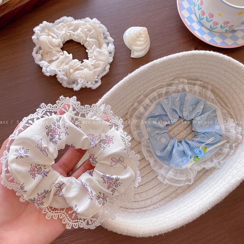 French Lace Floral Blue Bow Large Intestine Hair Band Hair Rope Headband Flower Ball Head Hair Accessories Rubber Band
