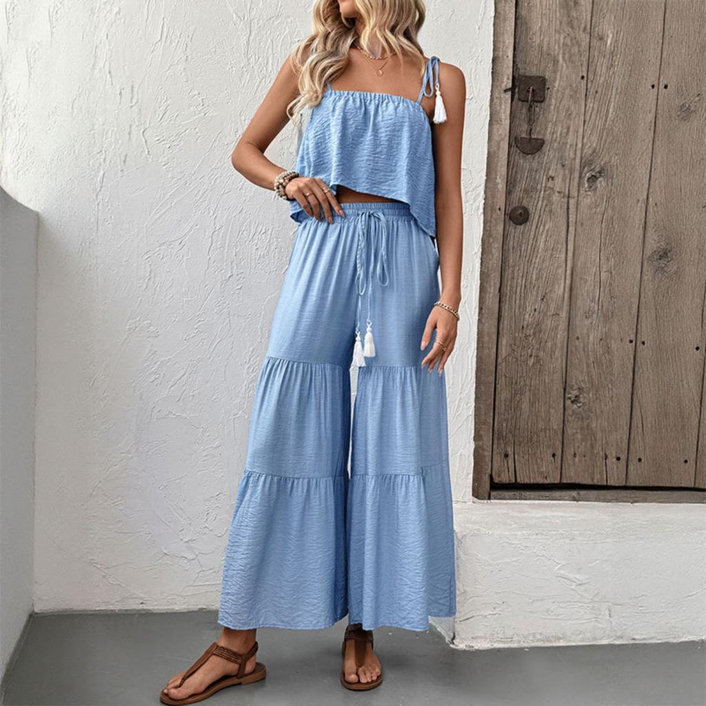 Summer Fresh Style Solid Color Cami Top + Wide Leg Pants Two Piece Set Outfit
