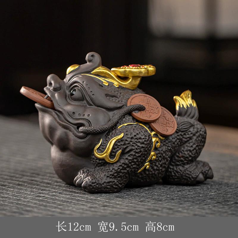 Lycklig Gyllene Groda Padda Tehusdjur, Högkvalitativ Yixing Zisha Lera Uppfödbar Penga Groda Statyett för Rikedom & Välstånd, Tebord De