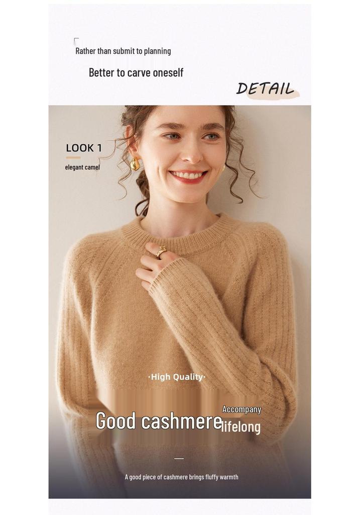 Women's Thickened Cashmere Raglan Sweater - Loose Fit, Solid Color, Round Neck, Autumn/Winter Fashion Pullover