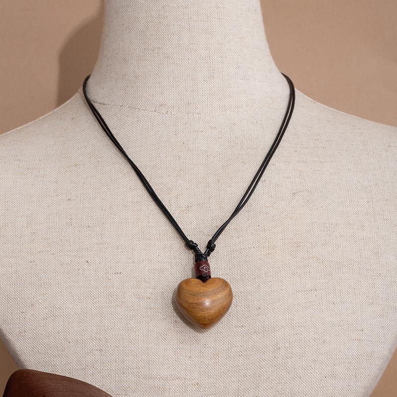 New Chinese Gourd Heart Can Be Opened Wood Pendant Necklace Women S Retro Ethnic Style Woven Rope Long Sweater Chain