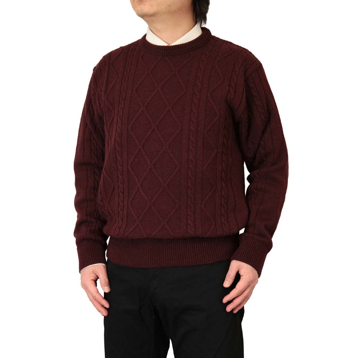 

Aspetiva Crew Neck Made in 7 Classic Aran for Men and Made in Japan L Sweater, Japan, 100% Wool, Gauge, Knit, Seniors, (3073 Wine) винний