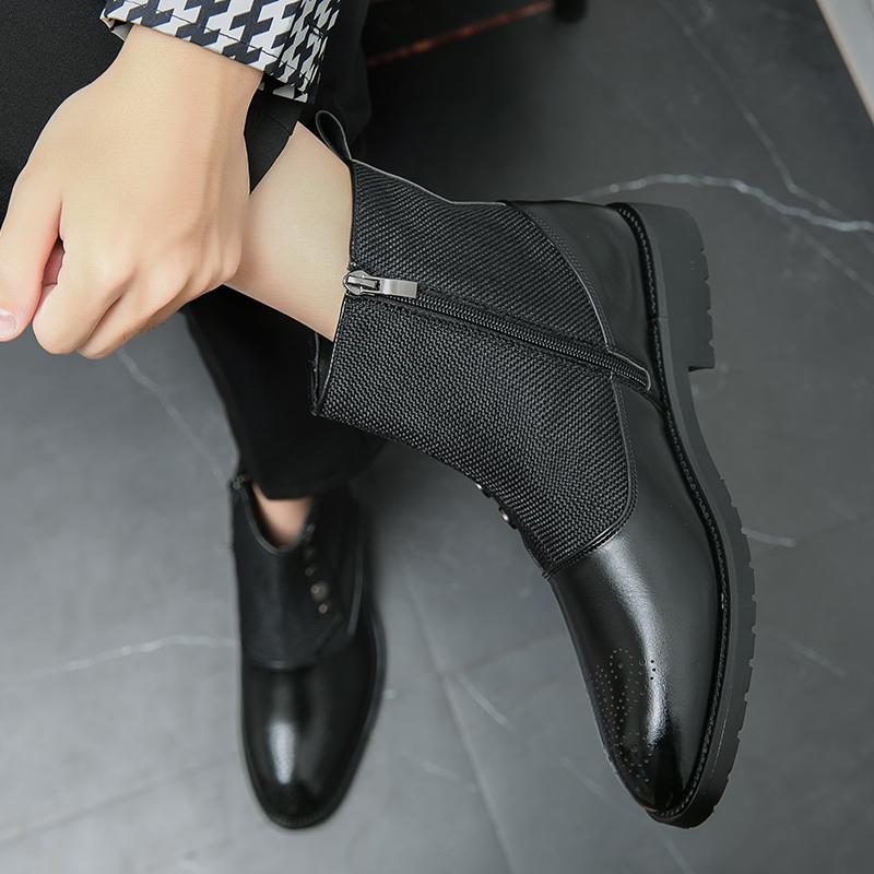 Trendy green cloth panel Chelsea boots Men's short boots Pointed leather shoes Versatile Casual Boots Daily Party Dress Shoes