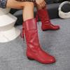 Comemore Women Boots Spring Autumn Shoes Leather Mid-calf Boots Ladies Round Toe Solid Color Thick Low Heeled Casual Botas Femme