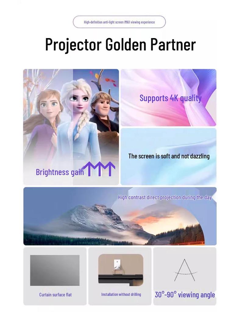 Anti-Light Wall-Mounted Projector Screen for Home Theater, Punch-Free, HD Projection Cloth, Available In 72'', 84'', 100'' Sizes