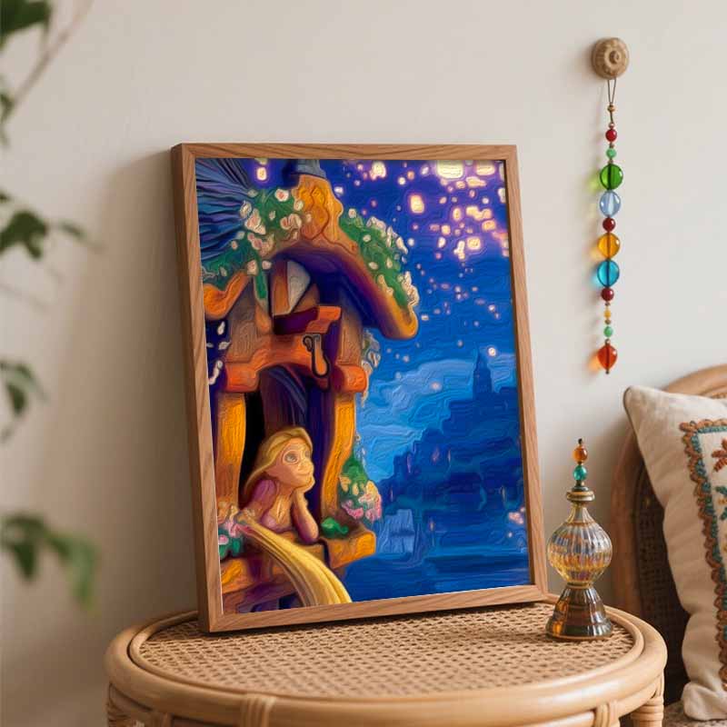 Disney Oil Painting DIY Digital Painting Rapunzel and Floating Lanterns HandPainted Living Room Entryway Wall Art.