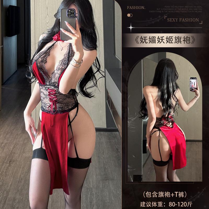 Sex Dessous Exotisch Sexy Spitze Perspektive Hohe Taille Schlitz Rose Cheongsam Verführung Uniform