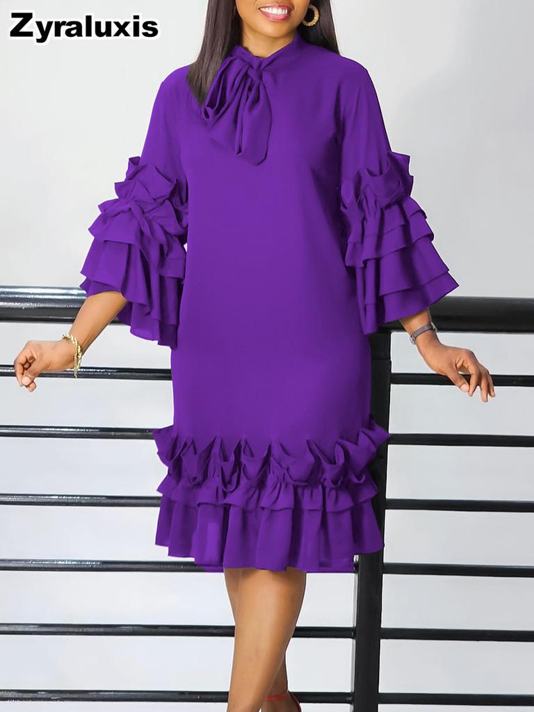 Sommer Herbst Neue Mode Lässiger Stil Rüschen Glockenärmel Übergröße Kleid