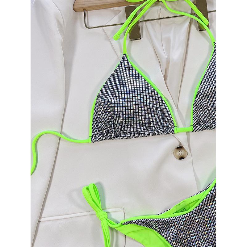 European & American Women's Colorblock Shiny Sexy Tie-Up Bikini Swimsuit