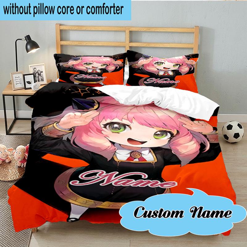 Custom Name 3PCS Pink Hair Anime Anya Bedding Set, Including 1pc Duvet Cover And 2pcs Pillowcases, Suitable for dorms and bedrooms Gift