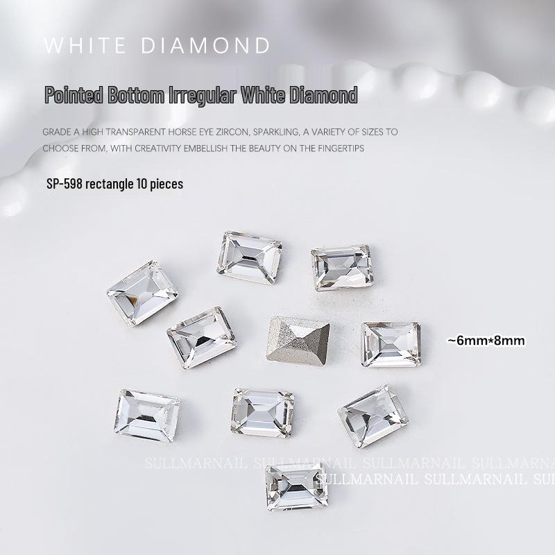 10-Piece Nail Art Set: Pointed Bottom Heart, Crooked Heart, White Diamond, Peach Heart, Square Transparent Rhinestones for Nail Decoration