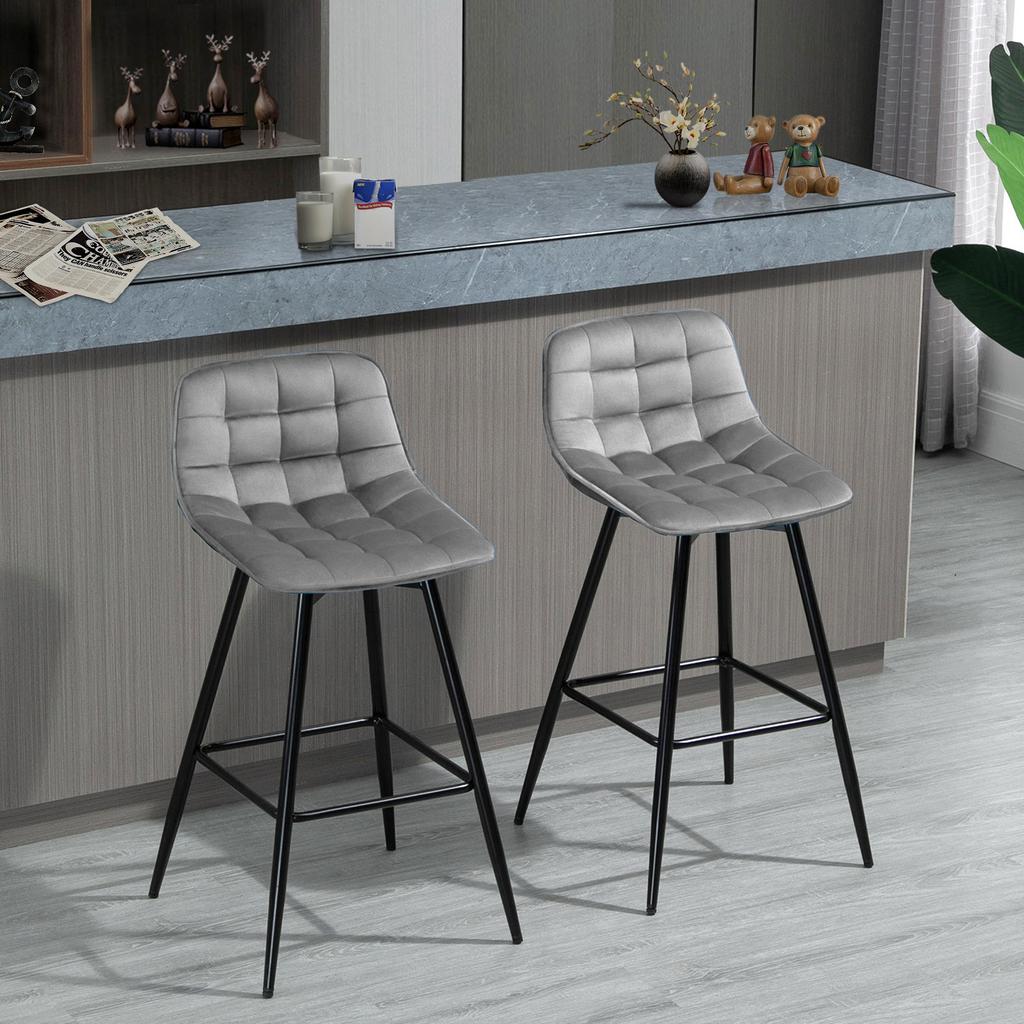 Set of 2 Tall Stools In Nordic Style with Backrest and Footrest, Stools with Backrest In Velvet Effect Fabric and Metal, 45x47x88 Cm, Grey